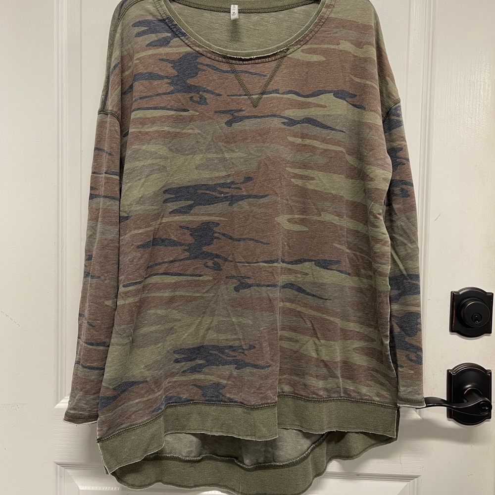 Z Supply Olive and Brown Camouflage Long Sleeve Crew Neck Top